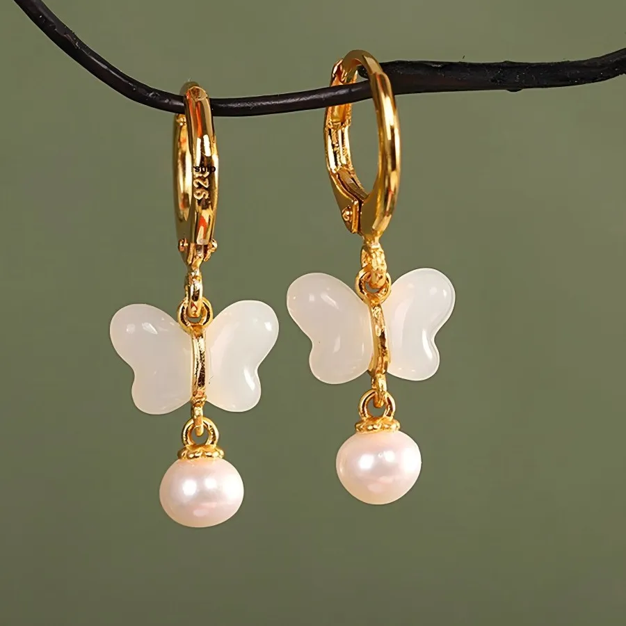 Authentic Real Gold Plated 925 Sterling Silver Dangle Earrings Natural Jade Butterfly 28mm