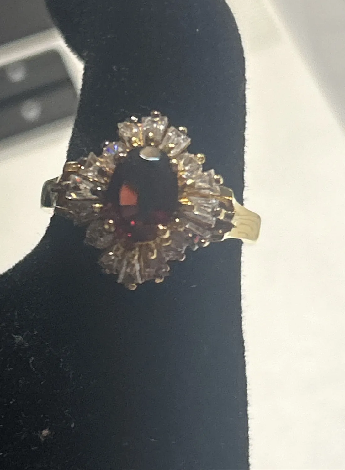 Authentic Garnet and simulated diamond gold plated ring