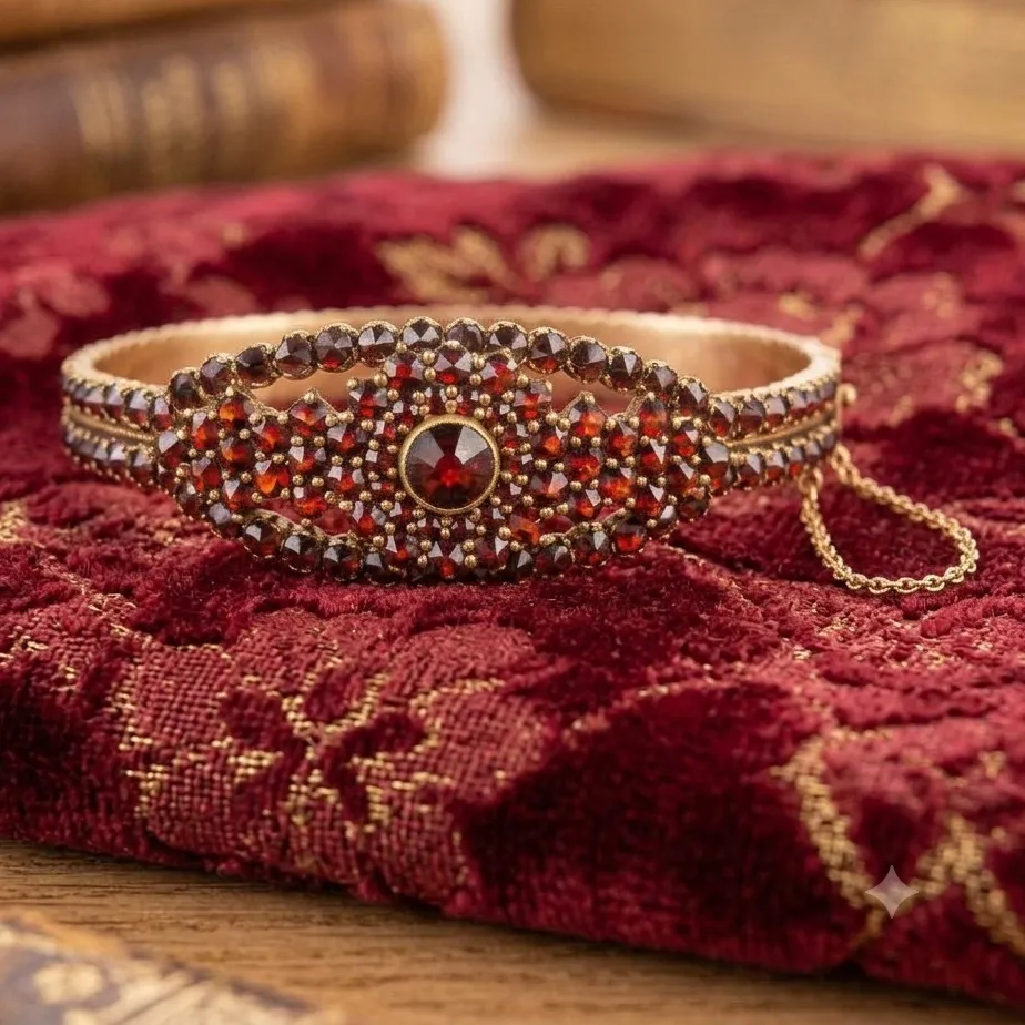 Authentic Ancient Bohemian Garnet Bangle - 900 Silver Gold-Plated Vermeil Amulet of Vitality