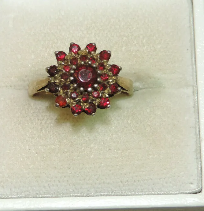 Authentic Vintage 3 Tier Red Garnet Crown Cluster Gold Plated Silver size 8 Ring Cn 26.8