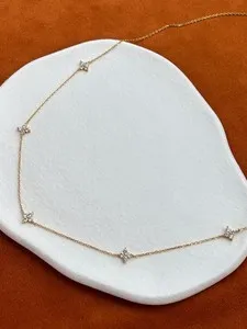 Authentic Gold Plated S925 Sterling Silver Zircon Clover Four Leaf Flower Charm Necklace