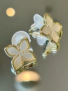 Authentic New Gold Plated White Mother of Pearl Four Leaf Clover Accents Stud Earrings