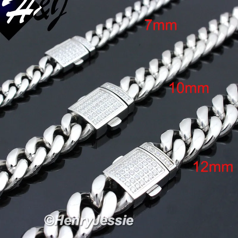 Authentic 18"-40"Stainless Steel 7/10/12mm Silver/Gold Plated CZ Cuban Curb Necklace*N165