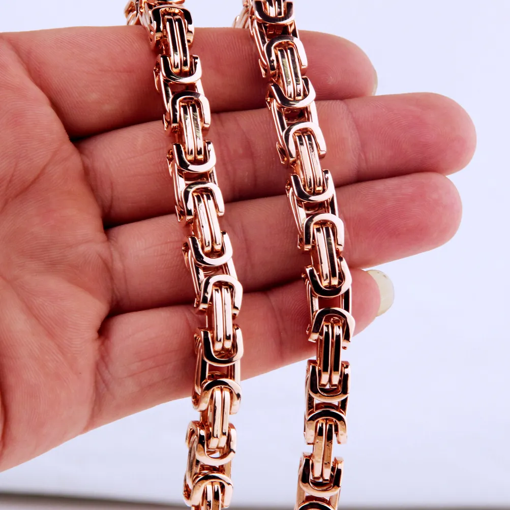 Authentic 8mm 7-40inch Men Women Rose Gold Plated Byzantine Chain Necklace