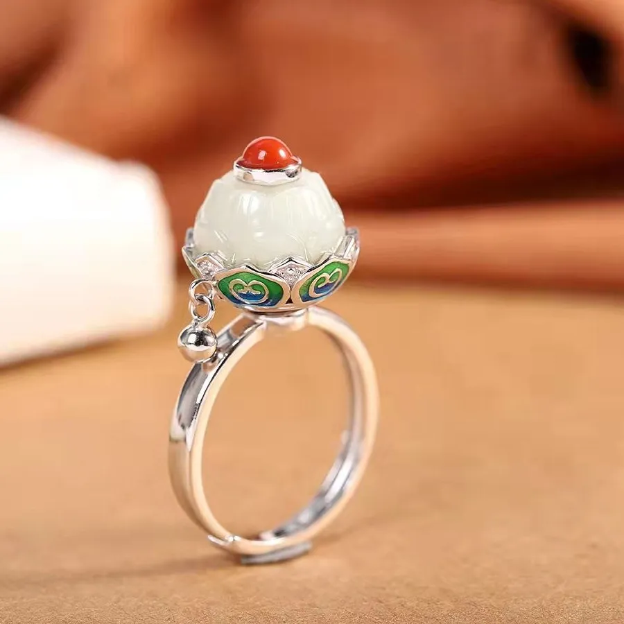 Authentic The Awakening Lotus Cloisonne And Hotan Jade Ring