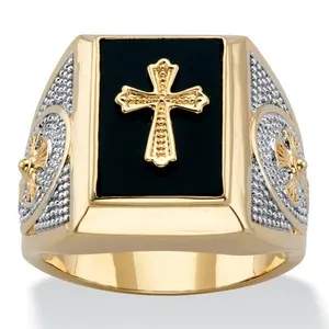Authentic Men's Gold-Plated Emerald-Cut Genuine Black Onyx Textured Cross Ring