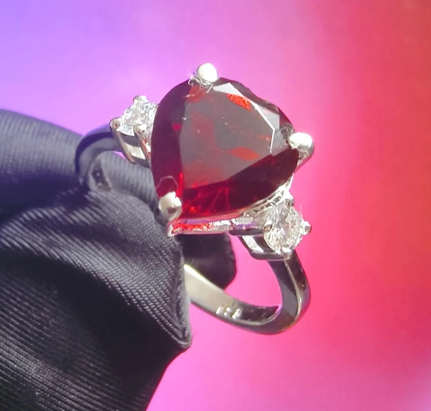 Authentic The Crimson Flame Eternal Heart Garnet Ring in Radiant White Gold Plate