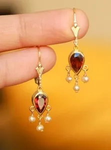 Authentic 2Ct Pear Cut Lever Back Drop Earrings Real Garnet & Pearl 18K Yellow Gold Plated