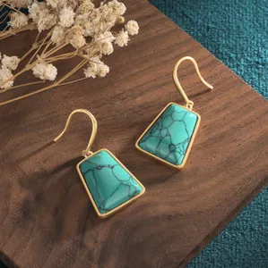 Authentic Turquoise Bohemian Drop Dangle Earrings Dainty Gemstone Hook 18K Gold Plated