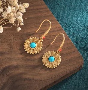 Authentic Celestial Sunflower & Turquoise Soul-Harmony Drop Earrings