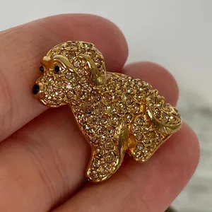 Authentic SPARKLY Gold Plated Swarovski Crystal RHINESTONE DOG Brooch Puppy Signed Swan