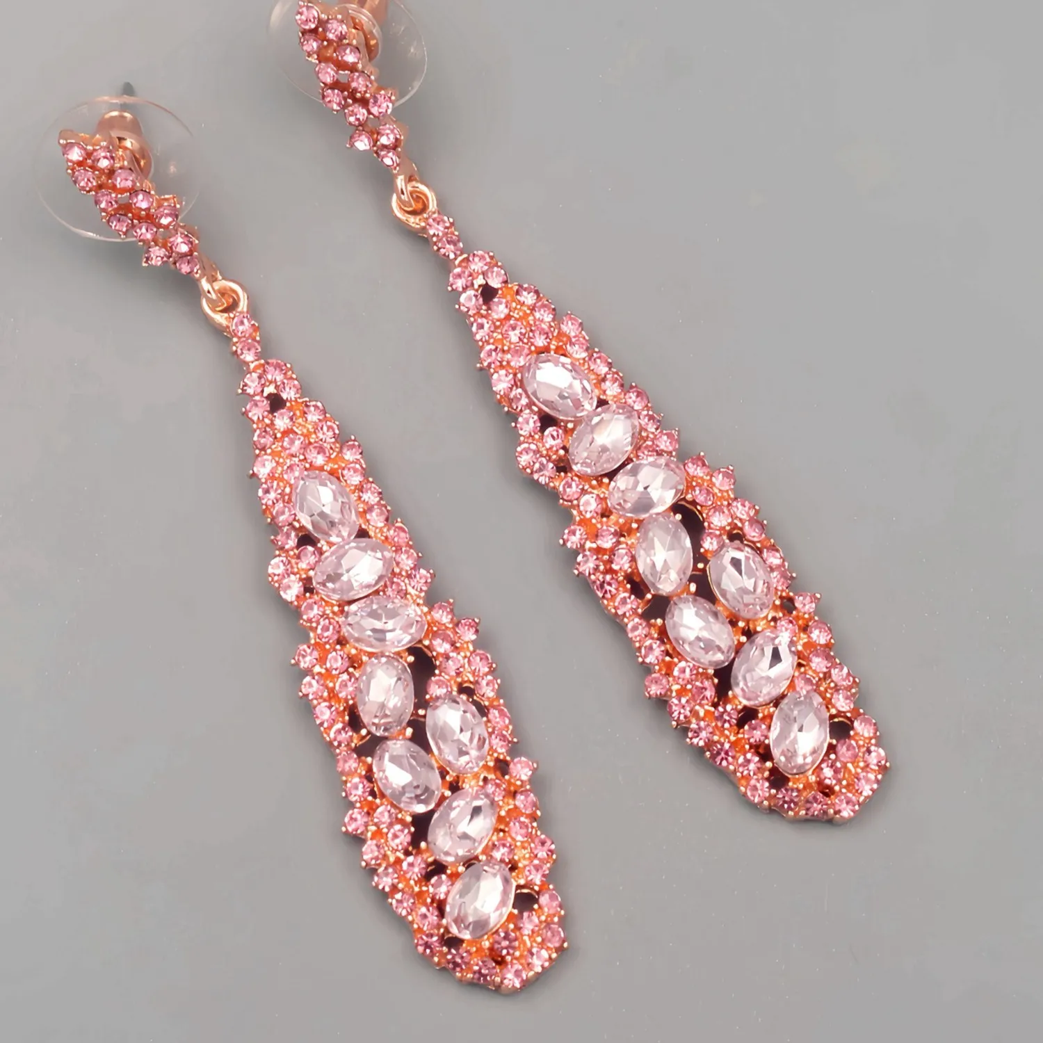 Authentic Elegant Pink Crystal Long Dangle Earrings Rose Gold Plated Sparkly Rhinestone 60