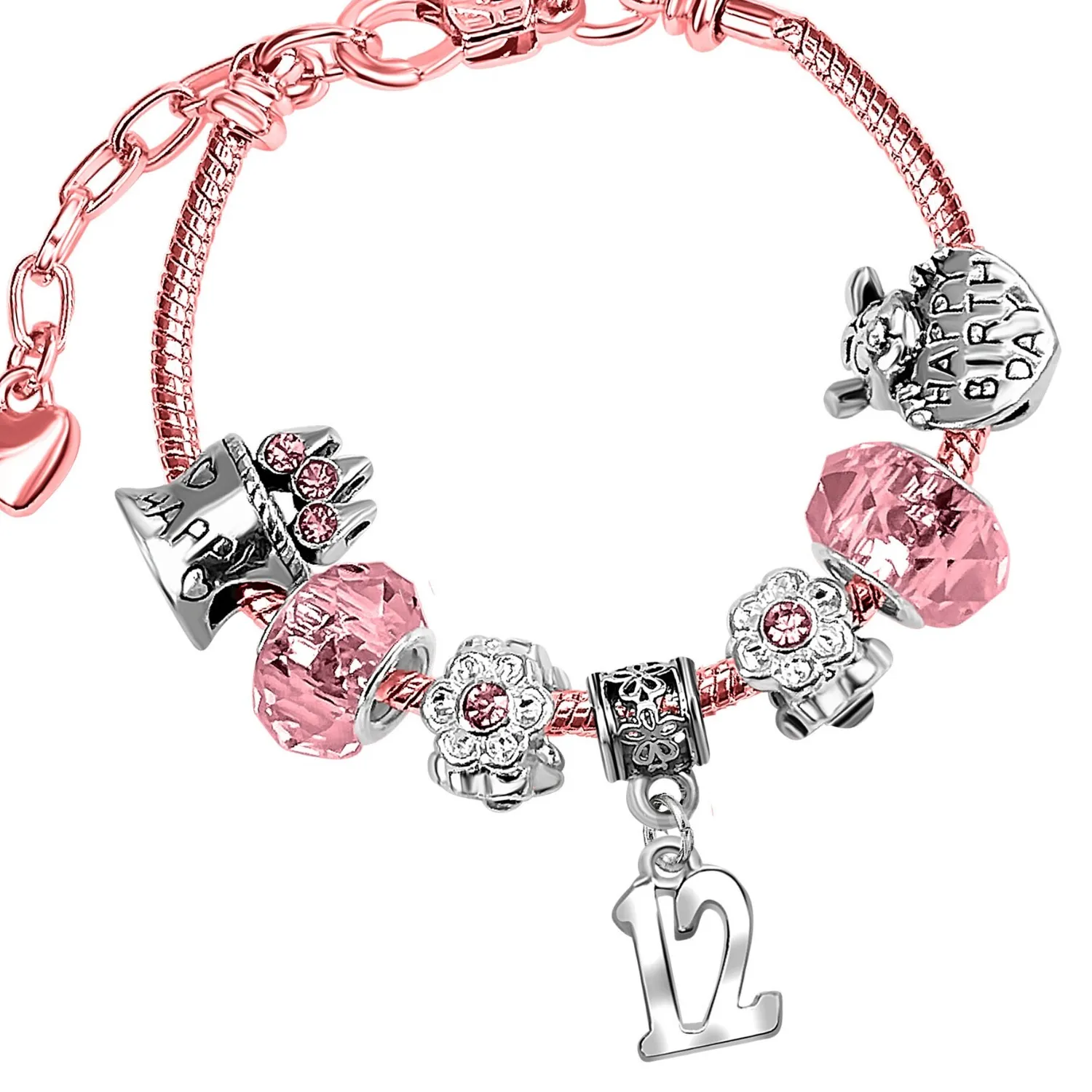Authentic Girls Sparkly Pink and Rose Gold Plated Happy Birthday Charm Bracelet with Gift
