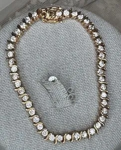 Authentic Vintage Clear CZ Yellow Gold Plated Sparkly Tennis Bracelet 7" S Link