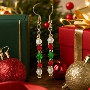 Authentic Sparkly Holiday Glass Pearl & Bicone Gold Plated Fishhook Earrings #C54