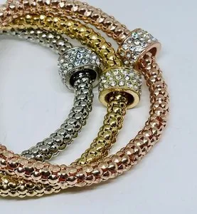 Authentic Set of 3 Mesh Bracelets Silver/Rose/Gold Tone Sparkly Crystal Rings Gold Plated