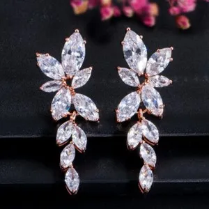 Authentic Sparkly Gold Plated Marquise Zirconia Crystal Leaf Drop Earrings for Women Party