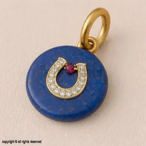 Authentic Lapis Lazuli Horseshoe Pendant | Gold Plated Sterling Silver, CZ & Ruby Accent