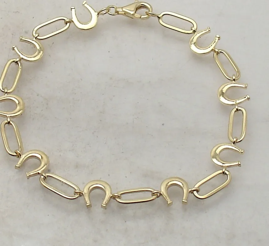 Authentic Technibond Horseshoe Good Luck Paper Clip Bracelet 14K Yellow Gold Plated Silver