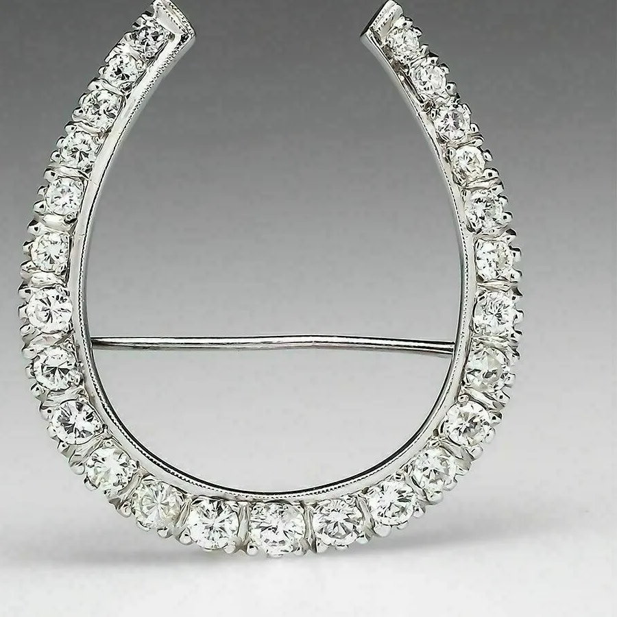 Authentic 2 CT Round Real Moissanite Wedding Horseshoe Brooch 925 Silver Gold Plated