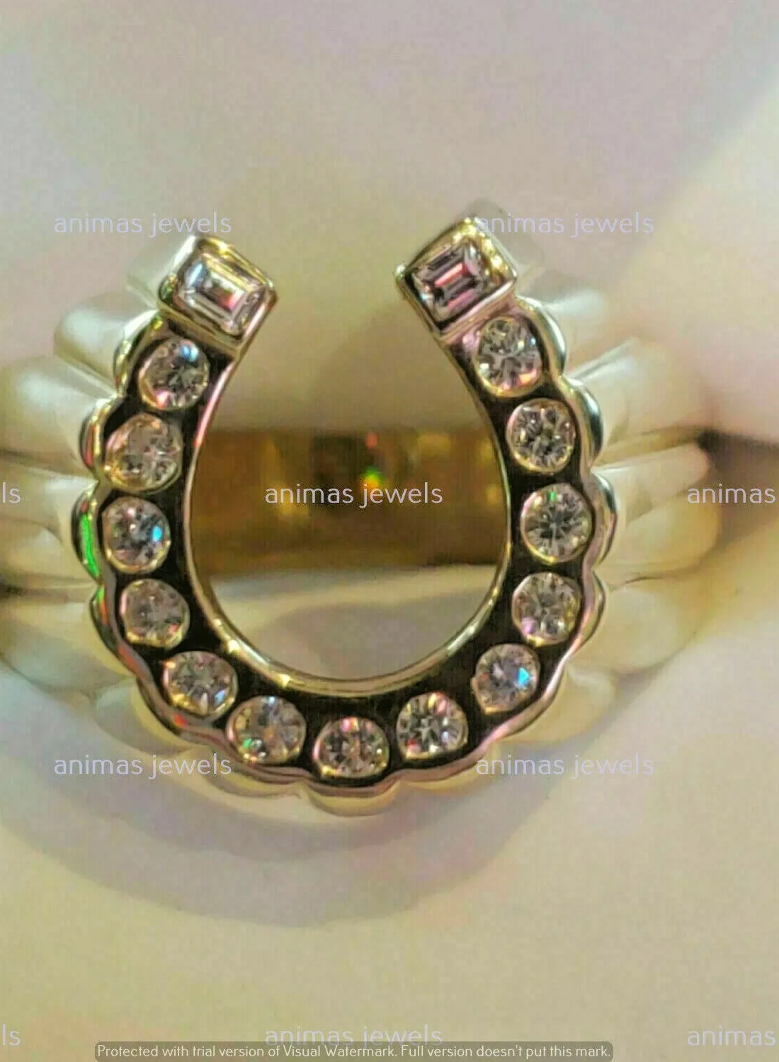 Authentic 1 CT Round Moissanite Horseshoe Men's Wedding Ring 14K Yellow Gold Plated Silver