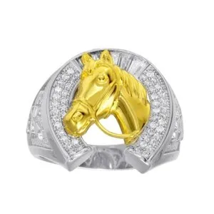 Authentic Men's Sterling Silver Horseshoe Ring w/CZ Stones & Yellow Gold Plated Horse Head