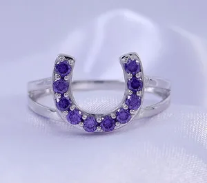 Authentic Round Cut Simulated Amethyst Horseshoe Ring In 14k White Gold Plated Silver 925