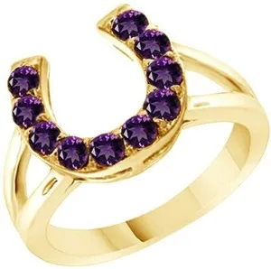Authentic Round Cut Simulated Amethyst Horseshoe Ring In 14k Yellow Gold Plated Silver 925