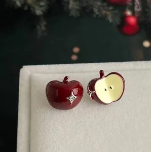 Authentic 14ct Gold-Plated Apple Stud Earrings Apple Enamel Cute Fruit Crystal S925