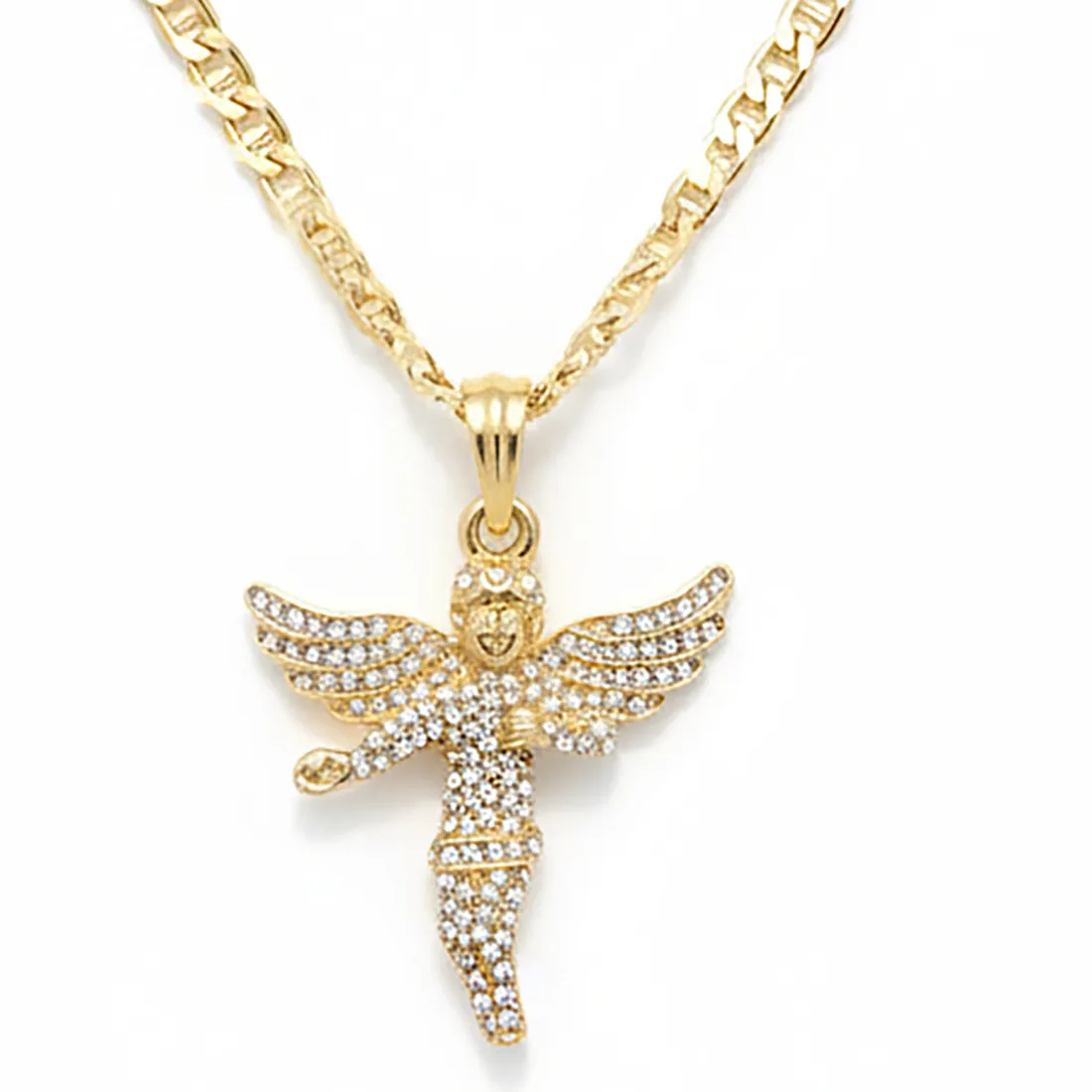 Authentic Gold Tone CZ Wing Prayer Angel Necklace – 14K Real Gold Plated Mariner chain