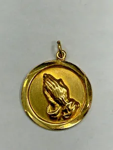 Authentic Vintage Yellow Gold Plated Serenity Prayer Praying Hands Pendant Round Charm