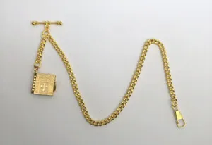 Authentic gold plated albert pocket watch chain holy bible lord's prayer fob t bar fob