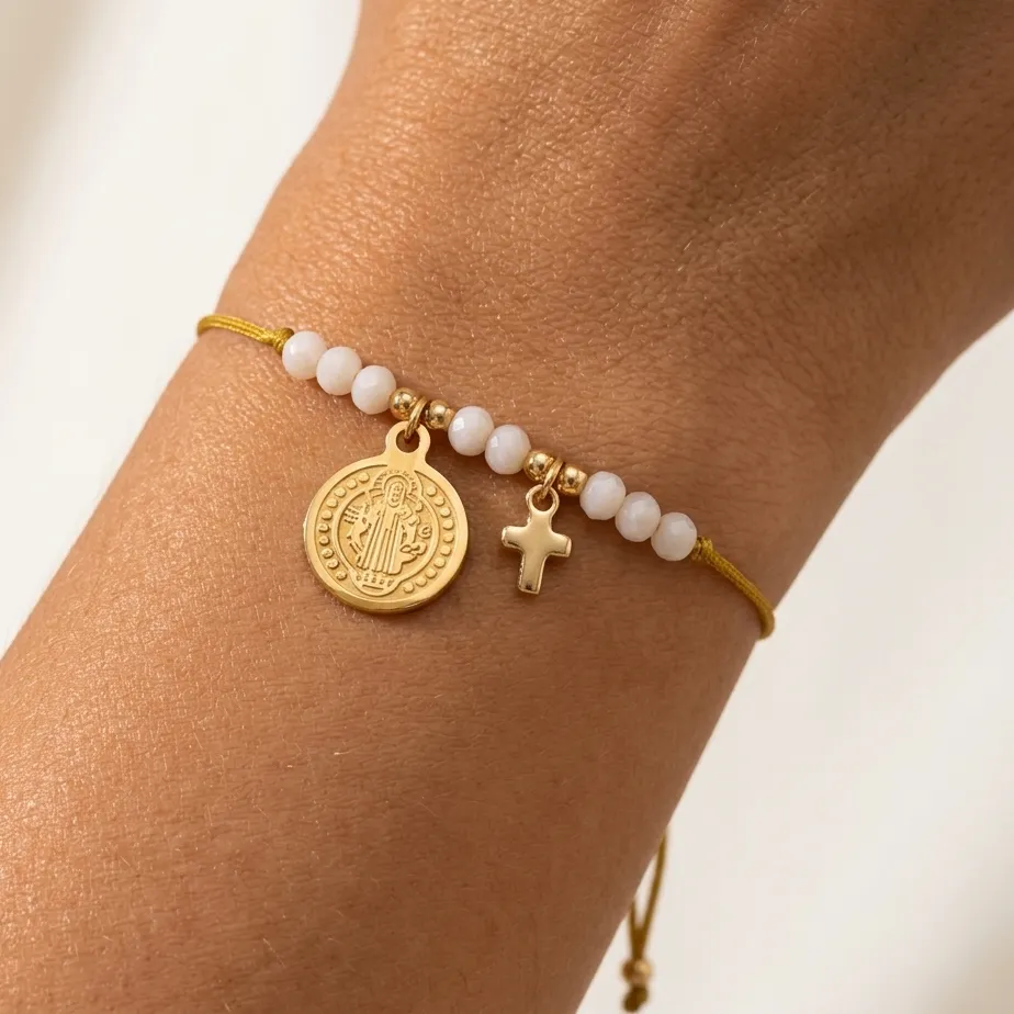 Authentic 1pc Catholic Cross and Medal Charm Beaded Bracelet Gold Tone Metal Tie Cord Religious Prayer Bracelet for Women Men