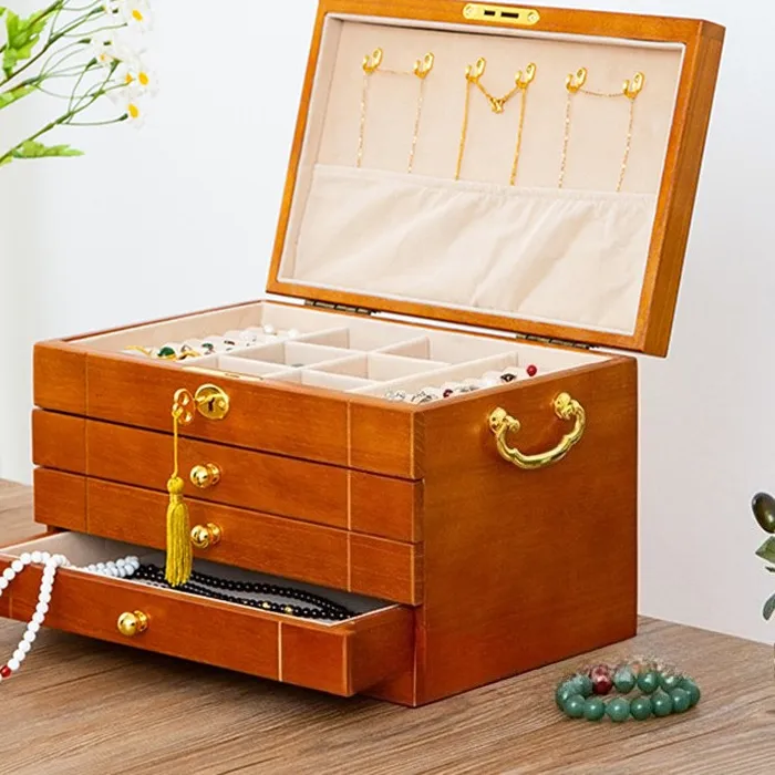 Authentic Wooden Jewelry Storage Box Exquisite Retro Organizer Box Ring Necklace Bracelet Earring Jewelry Boxes Display Boxes with Lock