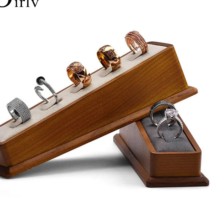 Authentic Oirlv 5 Grids Solid Wooden Ring Display Stand with Microfiber Jewelry Organizer Rack for Women and Men