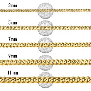 Authentic 14K Gold Plated Stainless Steel Cuban Curb Chain Necklace Bracelet 3/5/7/9/11mm