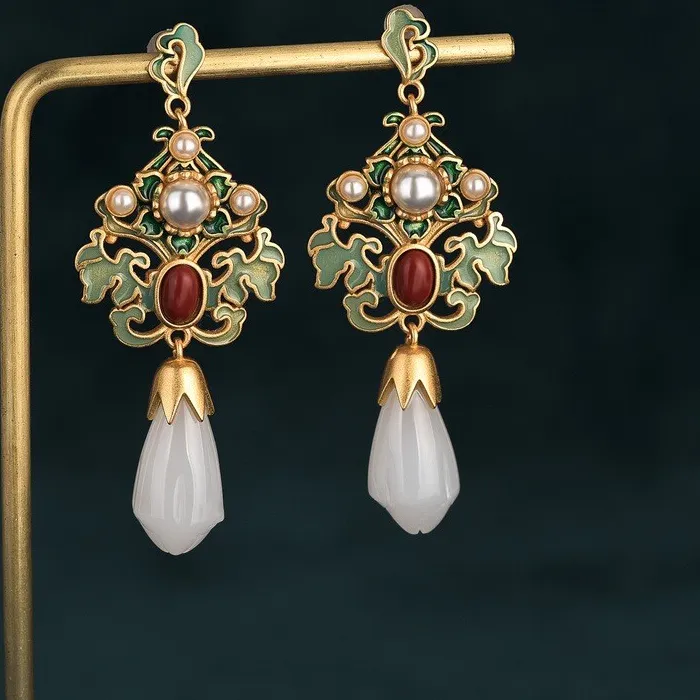 Authentic Natural Jade Flower Earrings Ear Stud Amulet Charm 18K Gold Plated Real Jewelry