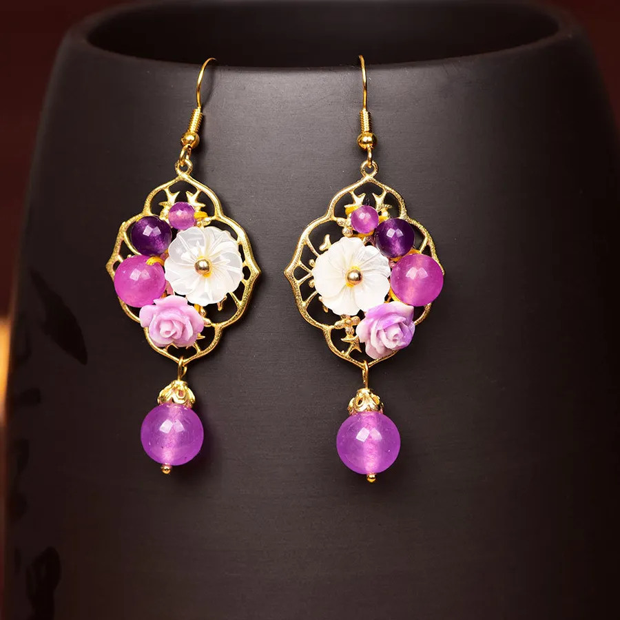 Authentic Enchanted Violet Jade Blossom Earrings – 18K Gold‑Plated Talismans of Serenity
