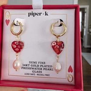 Authentic Piper K Heart & Pearl Drop Earrings 14K Gold Plated Freshwater Pearl