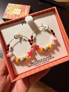 Authentic NEW Piper K Hoop Boho Earrings 14KT Gold Plated Reconstituted Agate w/Gift Box