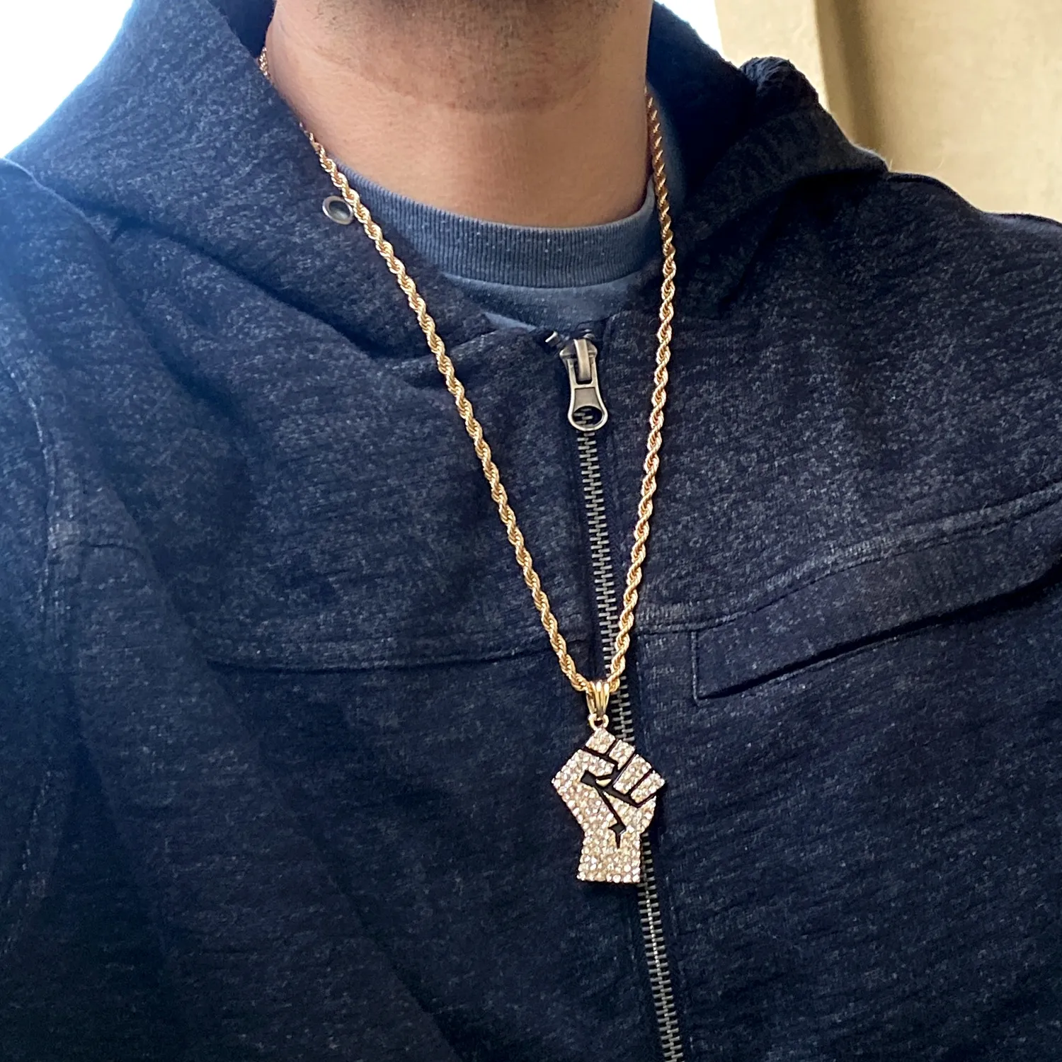 Authentic Men Iced Fist Pendant Chain Black Lives Matter Simulated CZ Gold Plated Rope 24"