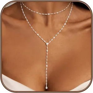 Authentic Lariat Silver/Gold Necklace for Women 925 Silver/14K Gold Plated Dainty Long Nec