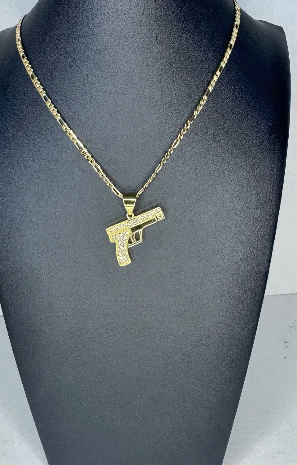 Authentic 3mm Figaro Chain Pistol Pendant 20" Rich Gold Plated Hip Hop Statement Necklace