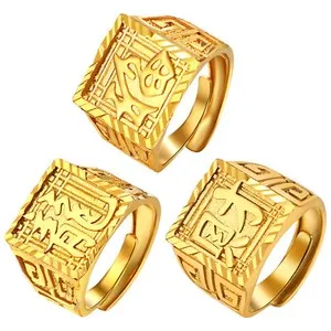 Authentic 3-4Pcs Mens Hip Hop Gold Plated Kanji Rich/Luck/Wealth Signet Rings Wedding Band