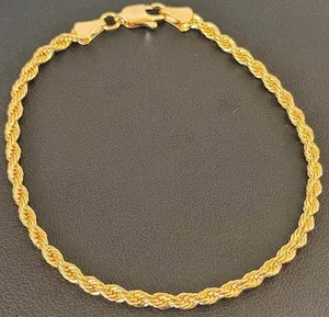 Authentic 3mm Rope Bracelet 8" Rich 14K Gold Plated Unisex Classic Minimalist  Chain