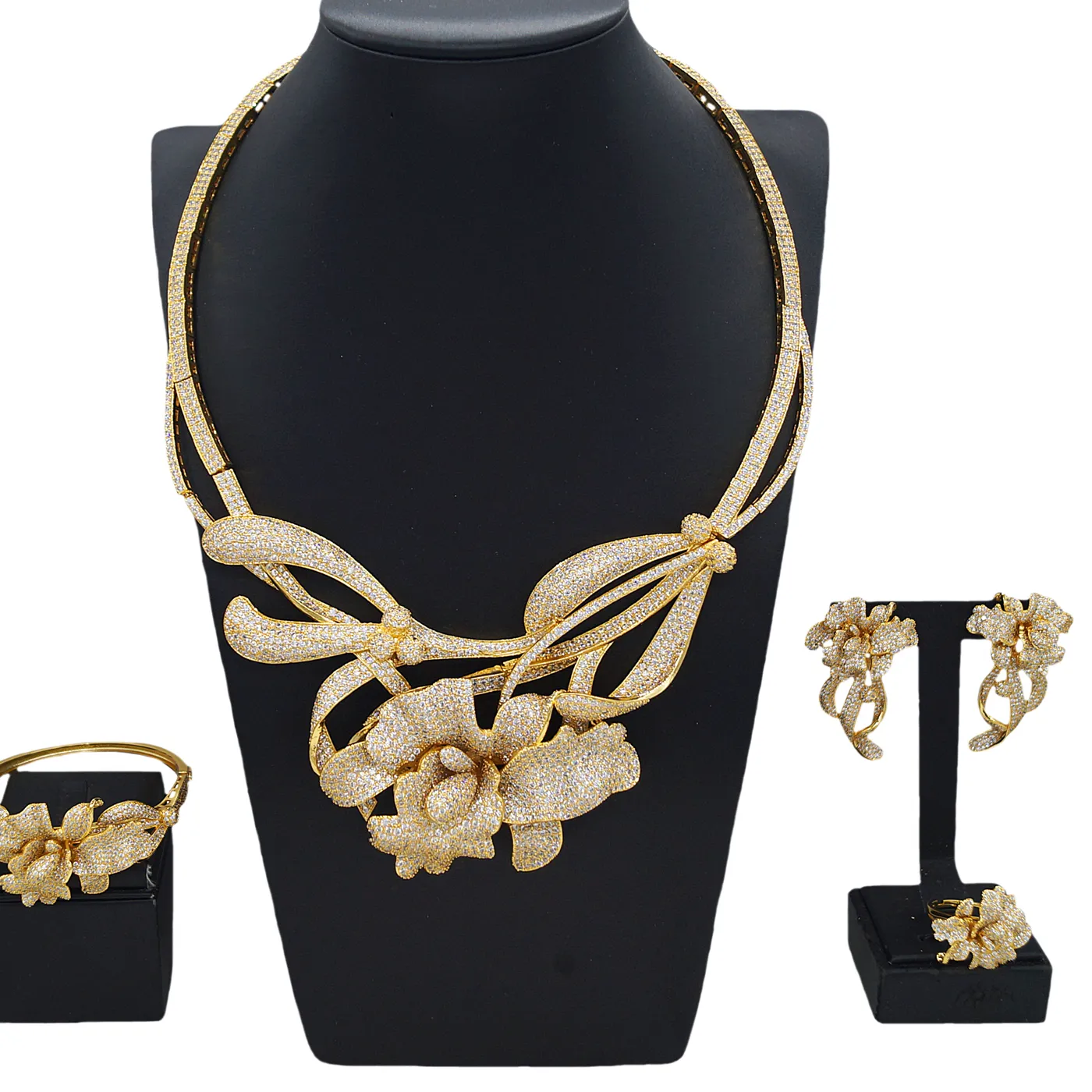 Authentic Yulaili's new high-quality Dubai jewelry set 24K gold plated diamond rich charm American Nigerian noble wedding ring earrings