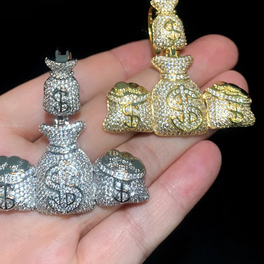 Authentic 2024 New Iced Out Money Bag Pendant Necklace for Men Gold Silver Plated Prong Setting Bling Rich Charms Hip Hop Jewelry