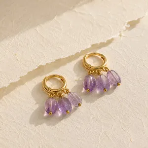 Authentic Natural Purple Quartz Cluster Huggie Earrings | 18K Gold Plated | Intuition