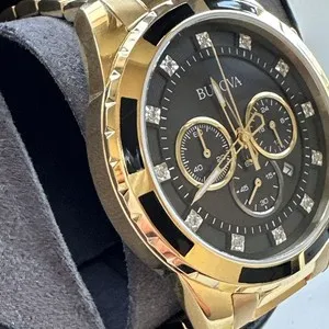 Authentic Bulova Diamond Men's Gold Plated Stainless Steel Chronograph Quartz Watch 97D121