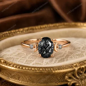 Authentic Lab Created Black Rutilated Quartz Ring, Base Metal: Brass Finish: Gold Plated